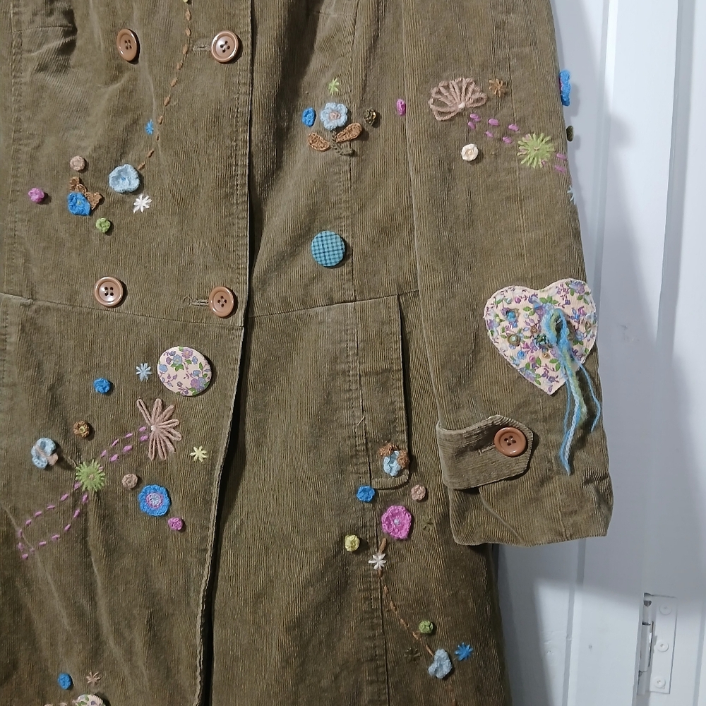 Vintage Olive Green Embroidered Corduroy Pea Coat - Picture 6 of 11